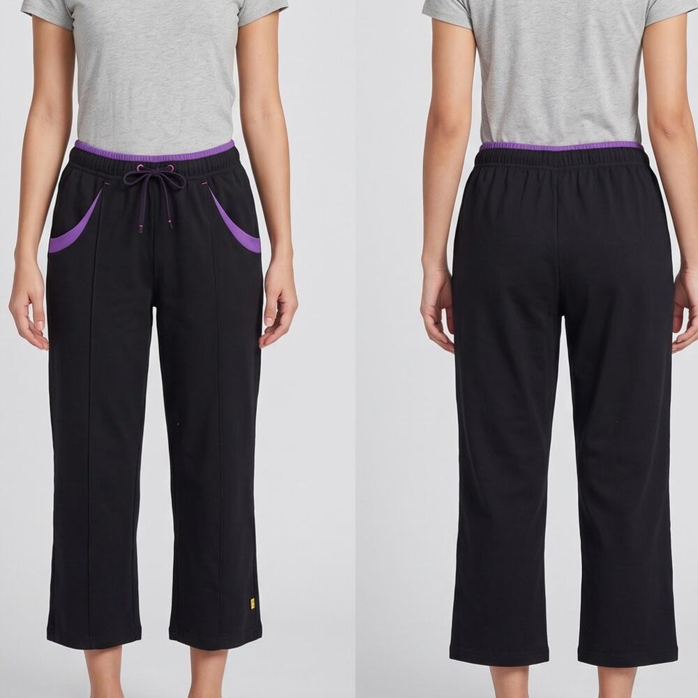 Made for Life Small Polyester Track Pants Cropped Black with Purple Pocket Trim